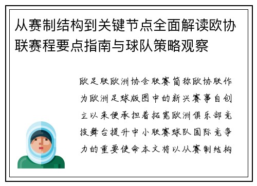 从赛制结构到关键节点全面解读欧协联赛程要点指南与球队策略观察