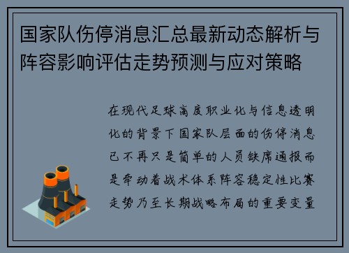 国家队伤停消息汇总最新动态解析与阵容影响评估走势预测与应对策略